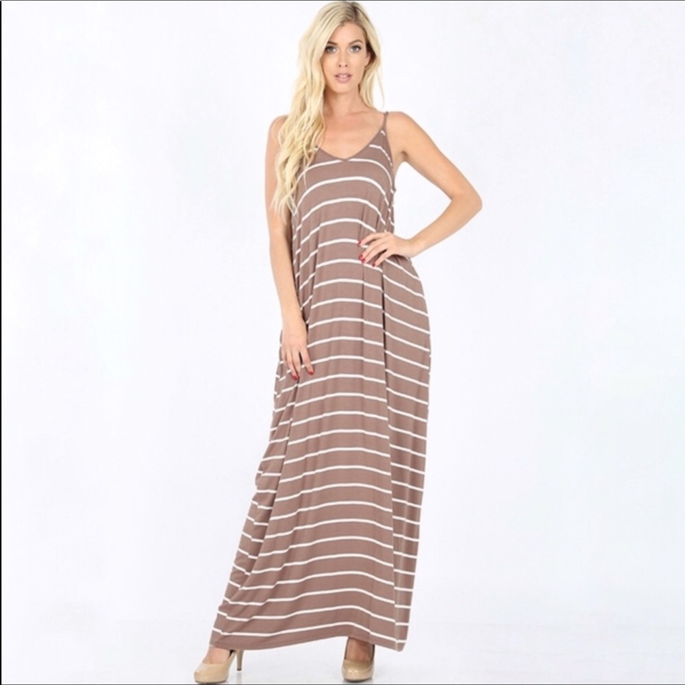 Mocha Striped Pocket Maxi Dress - Picture 1 of 3